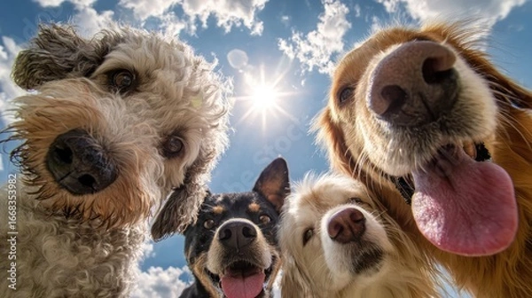 Fototapeta Playful Dogs with Tongues Out, Looking Up at the Sky