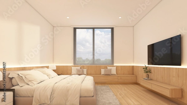 Obraz Bedroom decorated with bed and side table, white wall and wooden wall, built-in wooden seat and wooden tv cabinet. 3d rendering