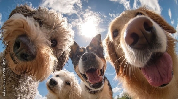 Fototapeta Playful Dogs with Tongues Out, Looking Up at the Sky