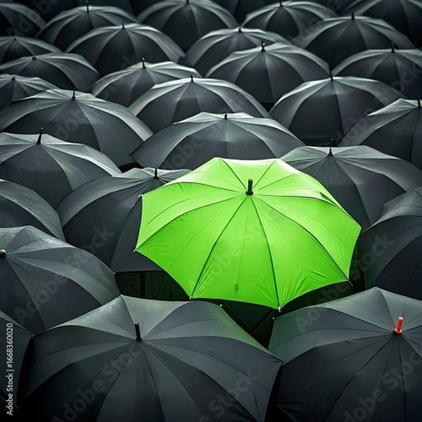 Fototapeta One bright green umbrella stands out among many black umbrellas