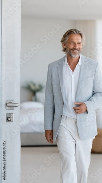 Obraz Smiling Man Entering Modern Home, Wearing Blue Patterned Jacket and Beige Pants