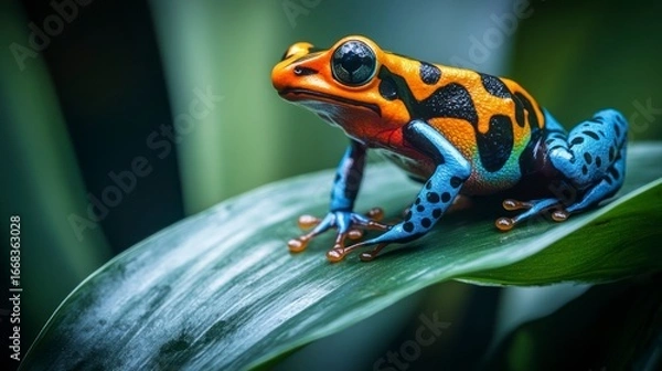 Fototapeta A vibrant poison dart frog perched on a large, glossy green leaf, showcasing its colorful skin patterns.