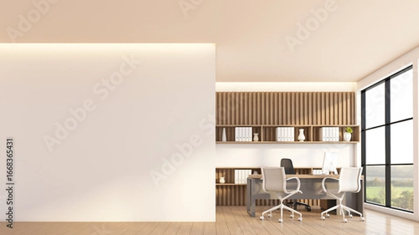 Obraz Empty room with manager's desk and chair set, wooden slat wall and built-in wooden cabinet. 3d rendering