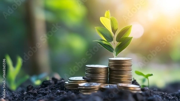 Fototapeta A stack of coins with a growing plant, symbolizing financial growth and investment.