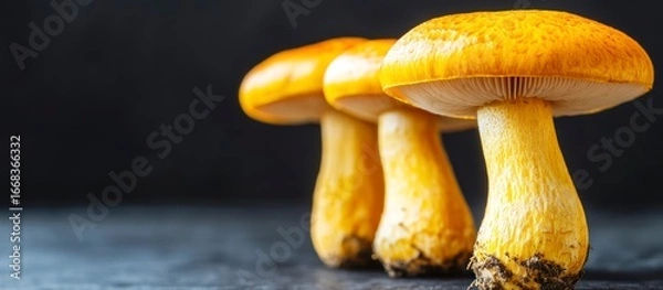 Fototapeta Three golden mushrooms stand in a row against a dark, textured background, showcasing their detailed structure.