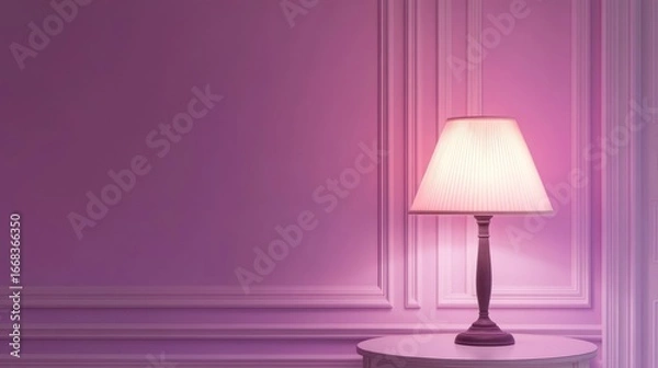 Fototapeta A lit lamp sits on a round table against a purple wall with decorative molding, creating a warm, inviting atmosphere.
