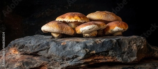 Fototapeta Close-up of several mushrooms resting on a dark rock surface.