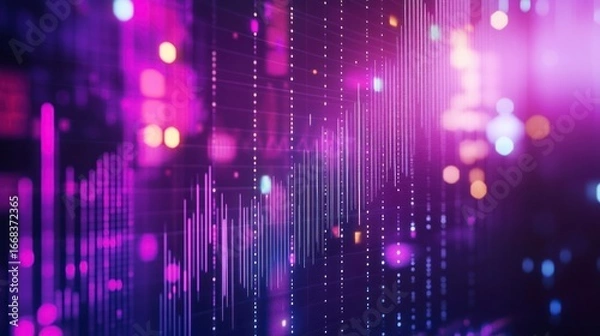 Fototapeta Abstract purple and blue background with bokeh lights and vertical lines suggesting data flow or digital information.