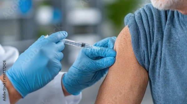 Fototapeta Doctor Administering Vaccine Injection to Senior Patient's Arm in Clinic, Wearing Blue Gloves, Close-up View of Vaccination Process for Immunity
