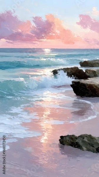 Obraz Tranquil Coastal Scene at Sunset with Pink and Orange Hues