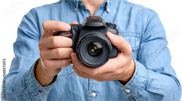 Fototapeta Man Holding Camera: A photographer's perspective, a close-up shot of a man's hands holding a digital camera, ready to capture the perfect moment, highlighting the tools of visual storytelling.