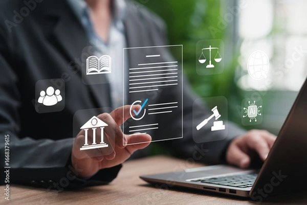 Fototapeta Digital Law and Cybersecurity Concept, Businessman Accepting legal documents, Justice Scale, Data Privacy Protection, Online Security, Legal Technology, Compliance, Internet Policy, Digital Governance