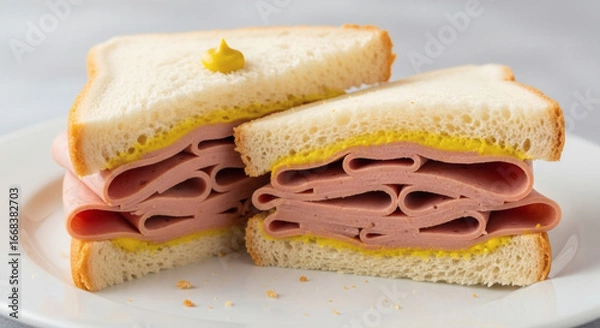 Fototapeta A close up of a bologna sandwich with white bread and mustard on a white plate in a bright setting