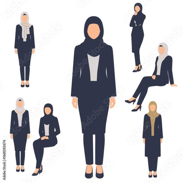 Fototapeta A set of vector elements of formal hijab muslim women with suits