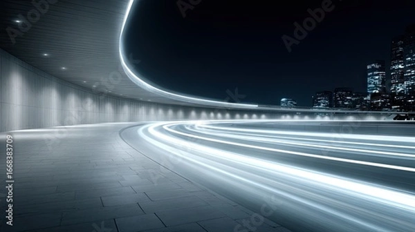 Obraz Abstract Neon Light Trails Weaving Through Dark Urban Cityscape at Night