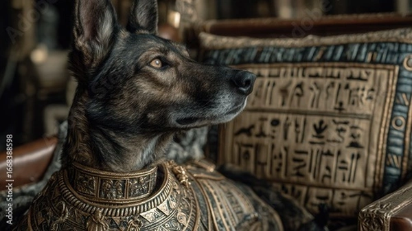 Fototapeta Anubis Dog Portrait: German Shepherd Dressed in Ancient Egyptian Royal Attire, Gold Collar, Hieroglyphic Background, Regal and Majestic.