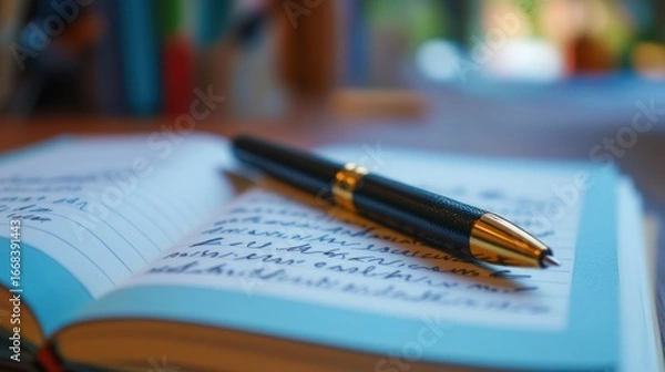 Fototapeta Close-up of a pen resting on an open notebook filled with elegant cursive handwriting, suggesting moments of reflection and journaling.