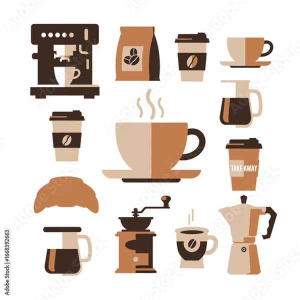 Fototapeta A vibrant collection of coffee-related icons, showcasing various brewing methods and accompanying treats.