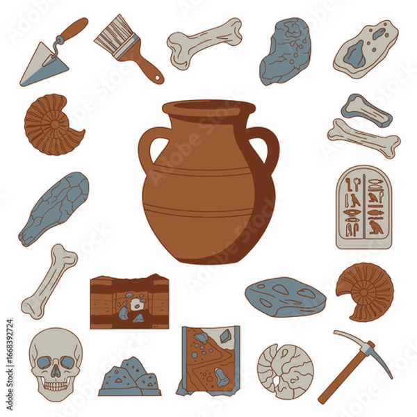 Fototapeta Illustration of various archaeological finds, including pottery, bones, fossils, and tools.