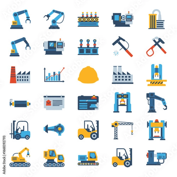 Fototapeta Collection of industrial icons representing various manufacturing processes and equipment.