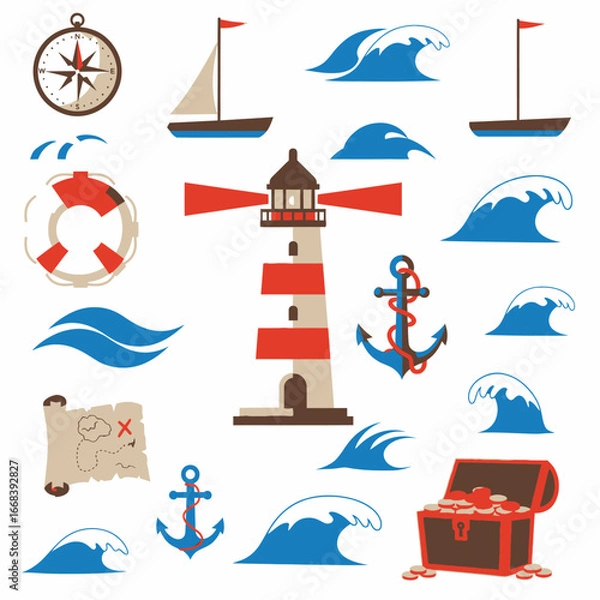 Fototapeta Collection of nautical icons including lighthouse, ships, treasure chest, waves, and more.