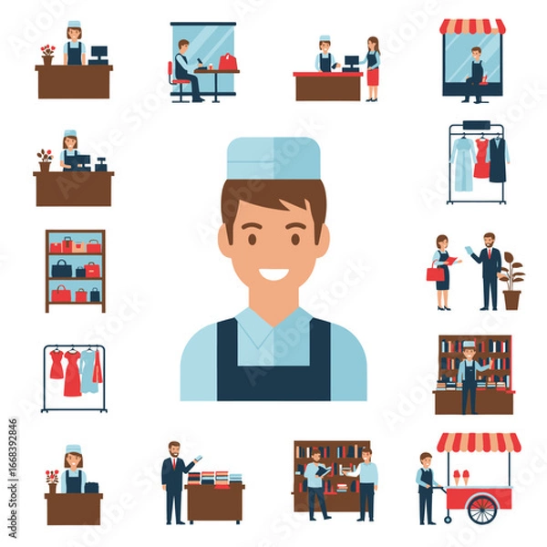 Fototapeta Diverse retail settings and employees.  Illustrative depiction of various shops and workers.
