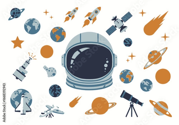 Fototapeta An illustration featuring an astronaut helmet and various space objects.