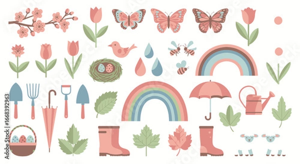 Fototapeta Charming spring icons featuring flowers, butterflies, and more. Perfect for springtime designs.