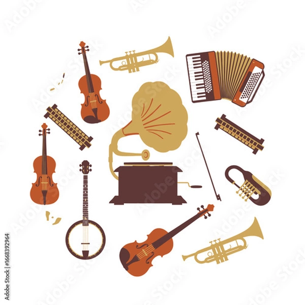 Fototapeta A vibrant collection of vintage musical instruments, including violins, trumpets, a banjo, and an accordion.
