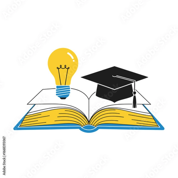 Fototapeta Open book with a lightbulb and graduation cap symbolizing education and bright ideas.