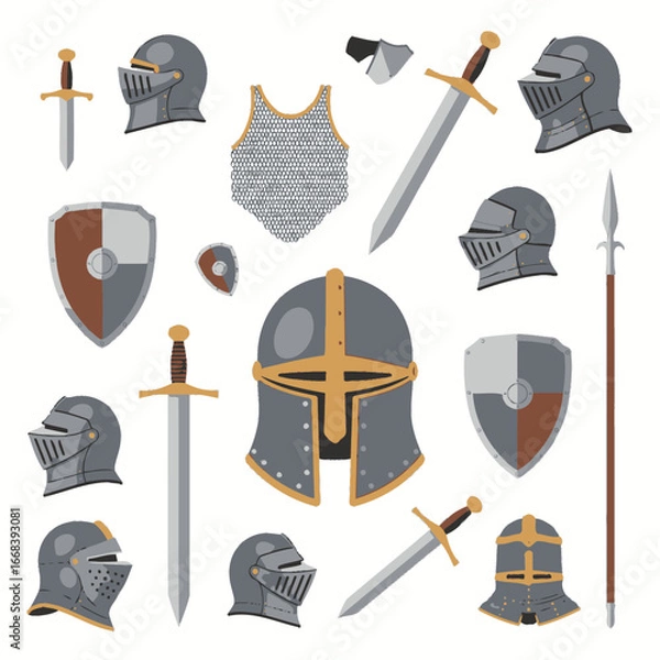 Fototapeta Collection of medieval knight's equipment. Helmets, swords, shields, and chainmail.