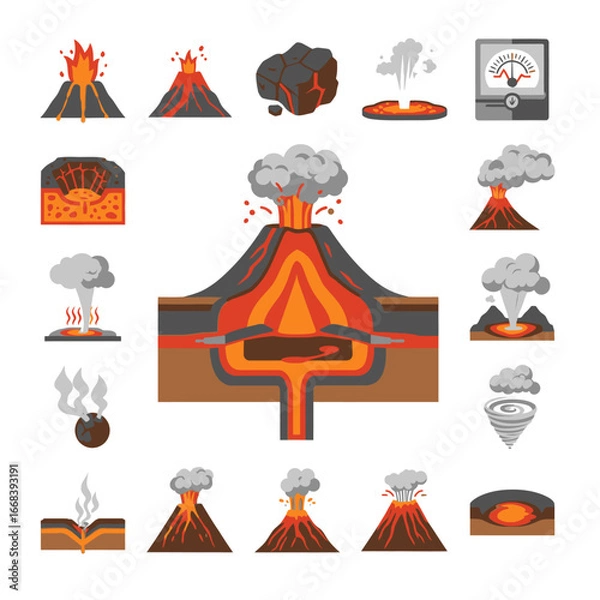 Fototapeta Illustrative guide to volcanic processes, showcasing various stages of eruption and internal structures.