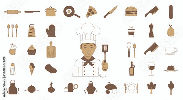 Fototapeta A cheerful chef surrounded by various cooking tools and delicious food items.