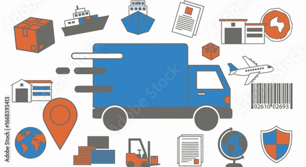 Fototapeta Illustration of global delivery and logistics, showcasing various modes of transportation and security measures.