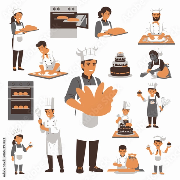 Fototapeta A vibrant illustration showcasing various bakers and chefs in action, creating delicious bread, cakes, and pastries.