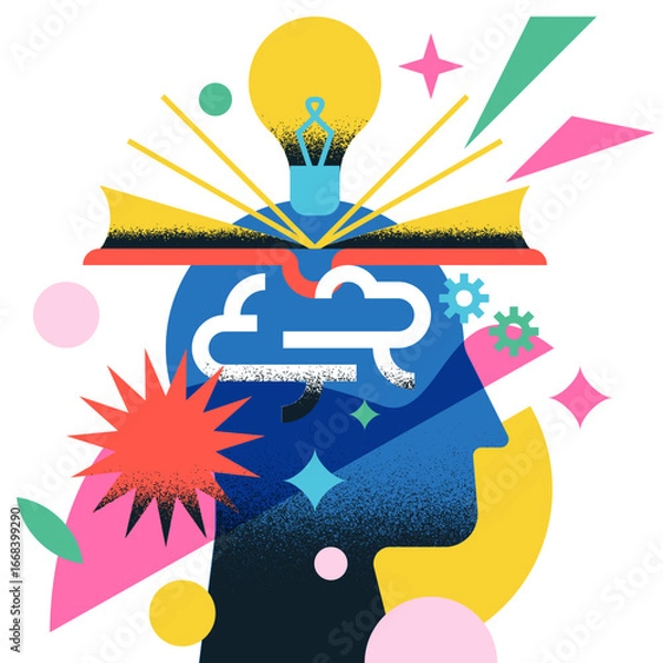 Fototapeta Vector illustration of head with book, brain, light bulb. Concept of knowledge, education, learning, idea creativity