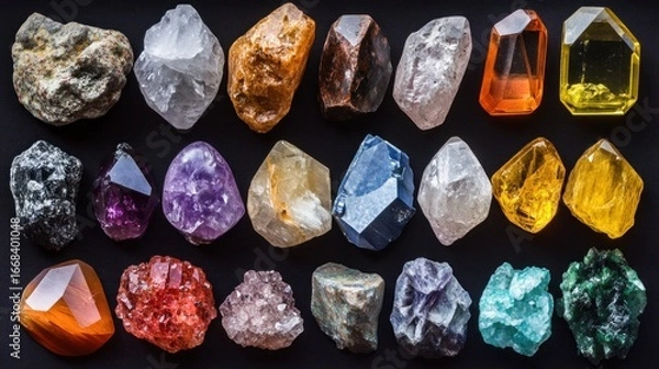 Fototapeta Variety of colorful gemstones and crystals arranged on a dark background.  Colorful, polished, raw, natural, 