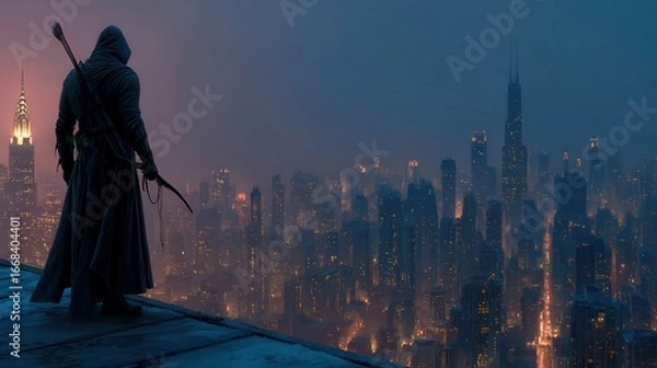 Fototapeta Hooded Archer on Rooftop Overlooking Cityscape at Night, Urban Fantasy Vigilante with Bow and Arrows, Dark and Mysterious Atmosphere