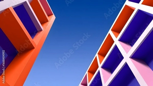 Fototapeta Vibrant abstract architectural composition against a clear blue sky.