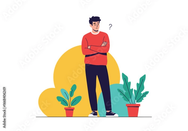Fototapeta Perplexed man stands with arms crossed surrounded by potted plants and abstract shapes