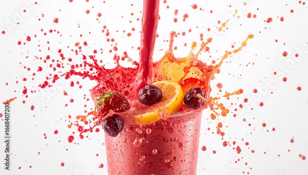 Obraz Fruit smoothie splash explosion against a white background.