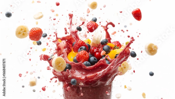 Fototapeta Fruit smoothie splash explosion against a white background.