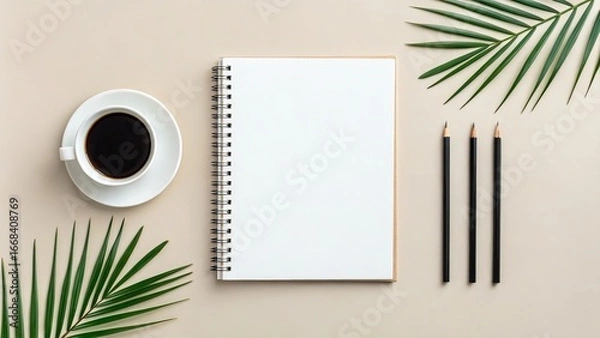 Fototapeta Clean flat lay mockup of a notebook coffee and pencils surrounded by tropical palm leaves for work