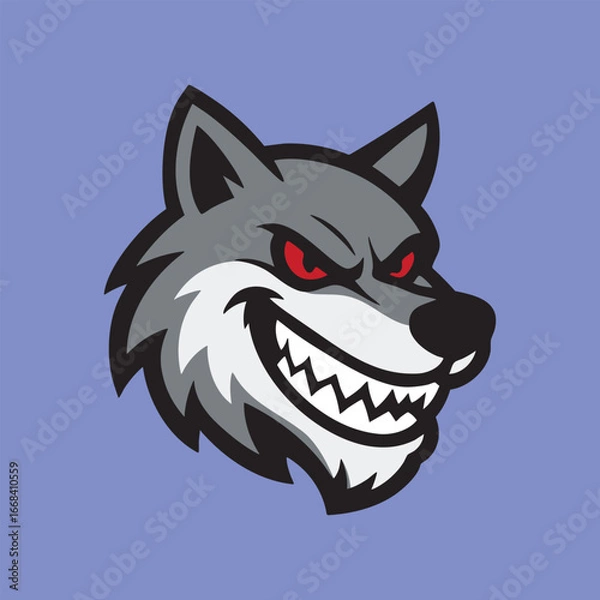 Fototapeta Aggressive wolf head mascot with sharp teeth and red eyes, perfect for sports logo, gaming emblem, or team identity design.