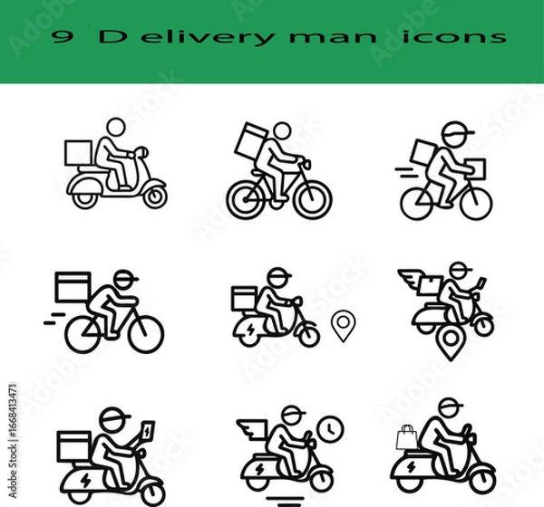 Obraz Collection of nine delivery man icons on scooters and bicycles