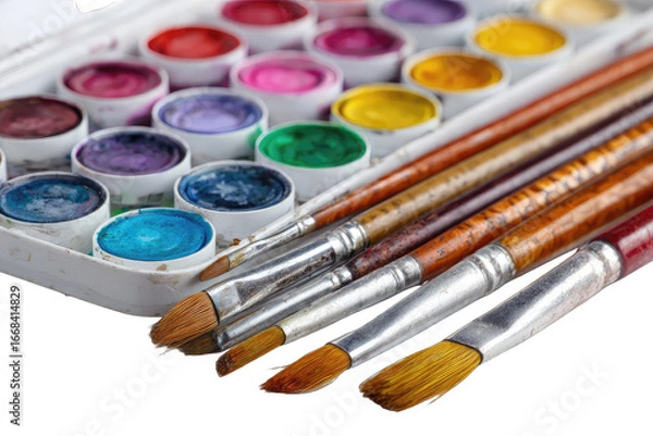 Obraz Colorful watercolor paints and brushes in a box