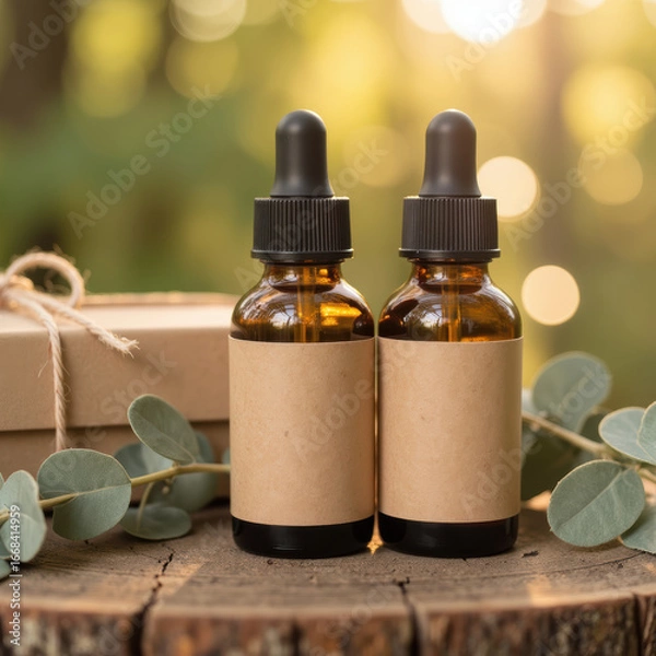 Obraz Natural essential oils in amber glass bottles, surrounded by greenery and soft bokeh lights, evoke sense of tranquility and wellness