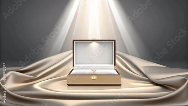 Fototapeta Elegant open luxury jewelry box mockup with soft glowing spotlights on satin fabric for premium product display