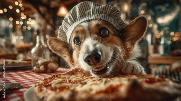Fototapeta Adorable Corgi Chef with Pizza: Close-Up of a Smiling Dog Wearing a Chef's Hat, Ready to Eat Pizza.