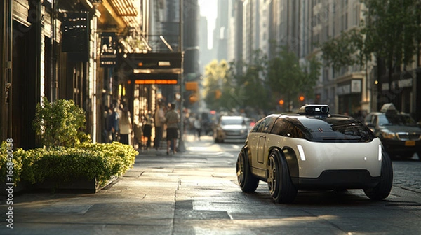 Fototapeta Modern autonomous delivery vehicle making its way through a bustling city street, showcasing the future of logistics and transportation